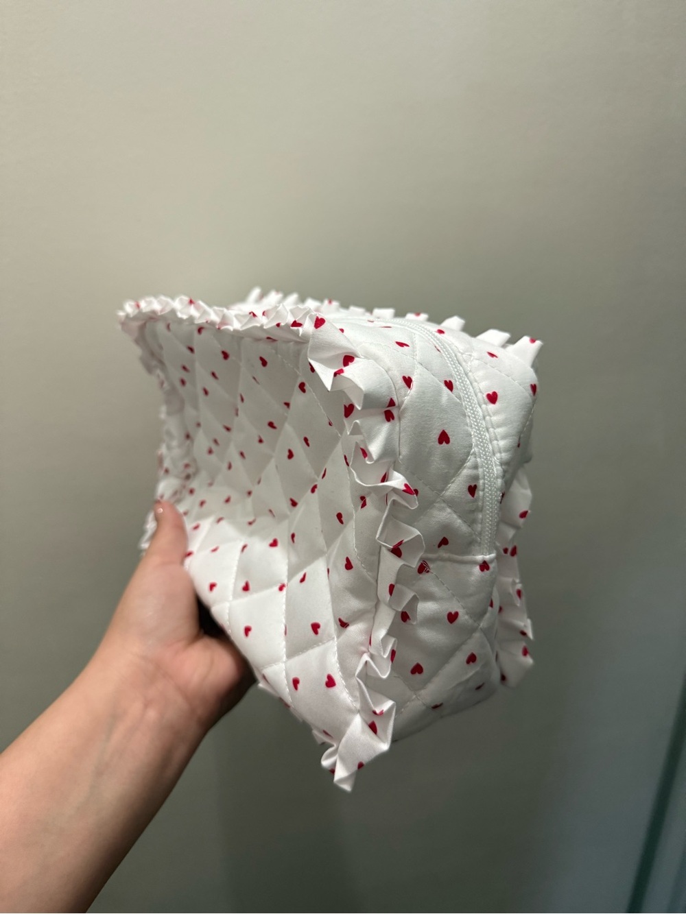 White Quilted Makeup Pouch with Red Heart Print